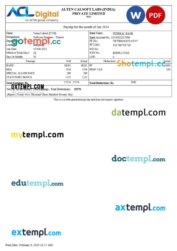 Alten Calsoft Labs ACL Digital payslip template in Word and PDF formats