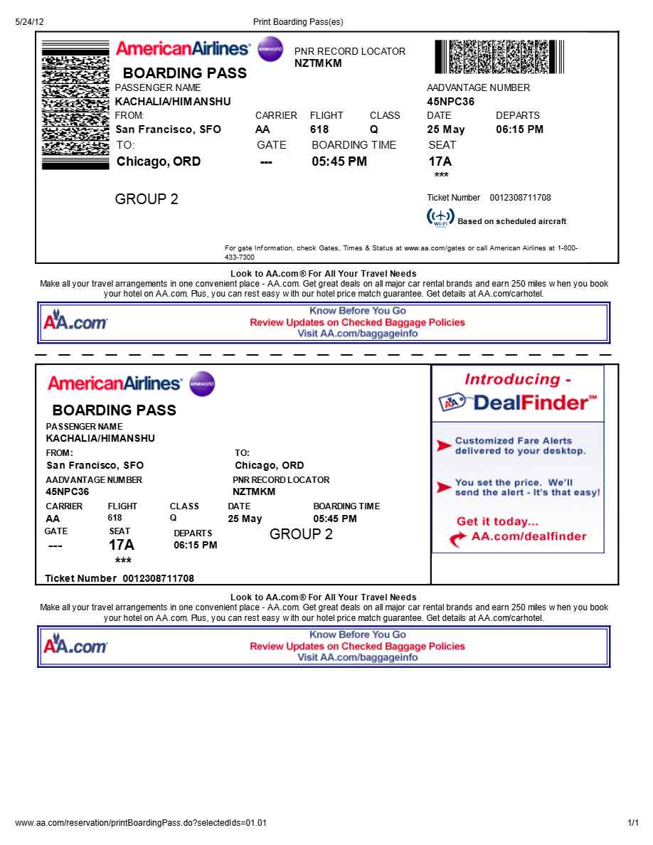 American Airlines boarding pass in Word and PDF formats, version 1