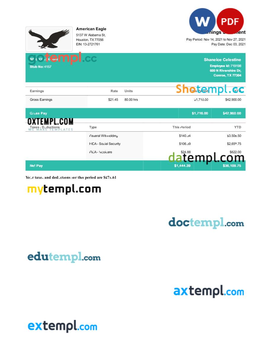 American Eagle earnings statement template in Word and PDF formats