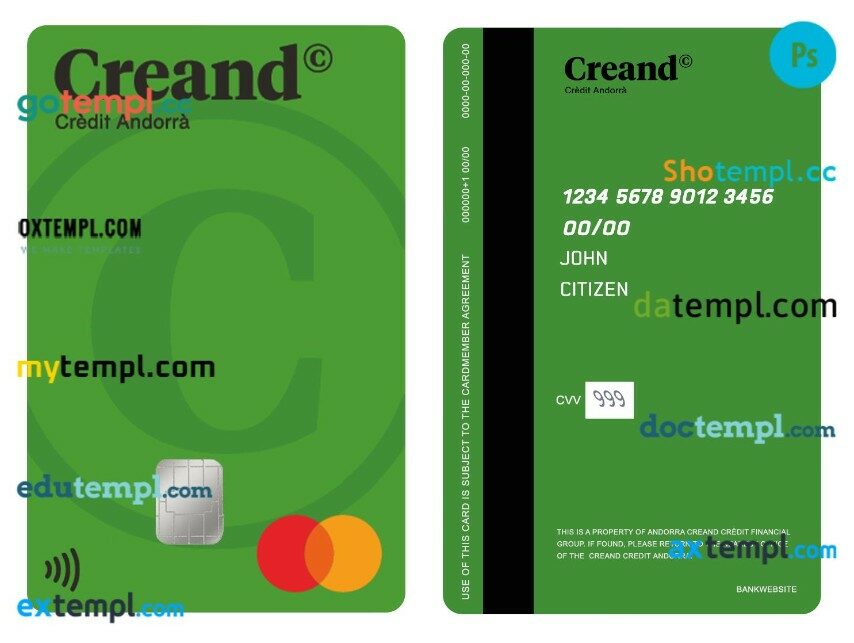 Andorra Creand Crèdit Financial Group vertical mastercard template in PSD format