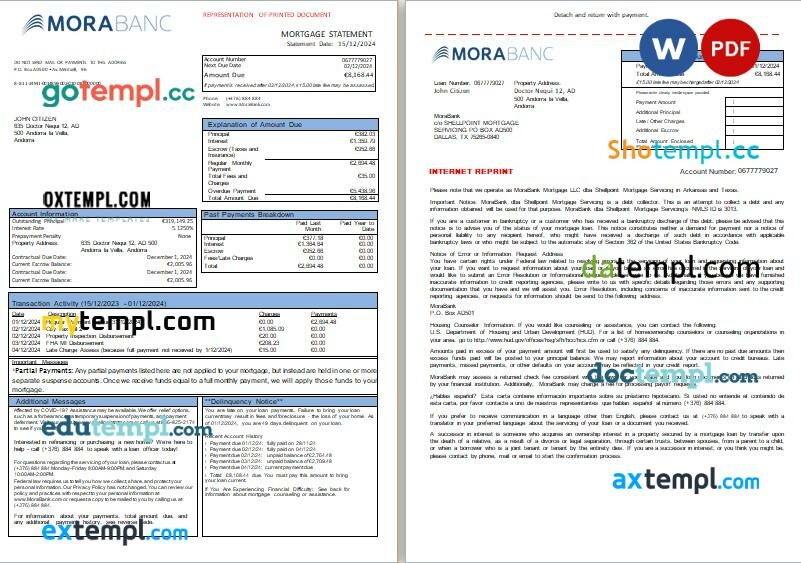 Andorra MoraBank bank mortgage statement, 3 pages, editable template in PDF and Word