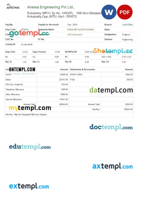 Anewa Engineering payslip template in Word and PDF formats