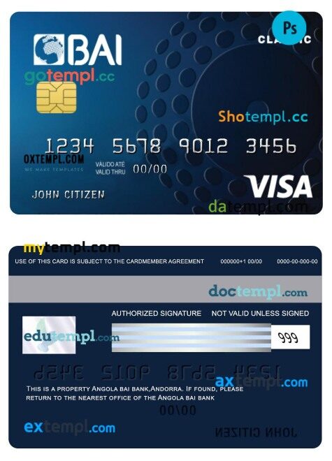 Angola Bai bank classic credit visa card template in PSD format