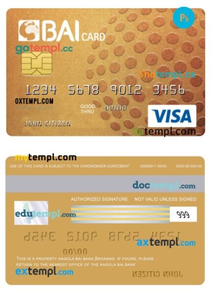 Angola Bai bank gold credit visa card template in PSD format