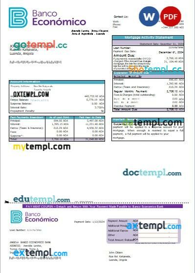 Angola Banco Economico bank mortgage statement, editable template in PDF and Word