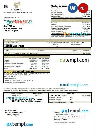 Angola Banco Yetu bank mortgage statement, editable template in PDF and Word