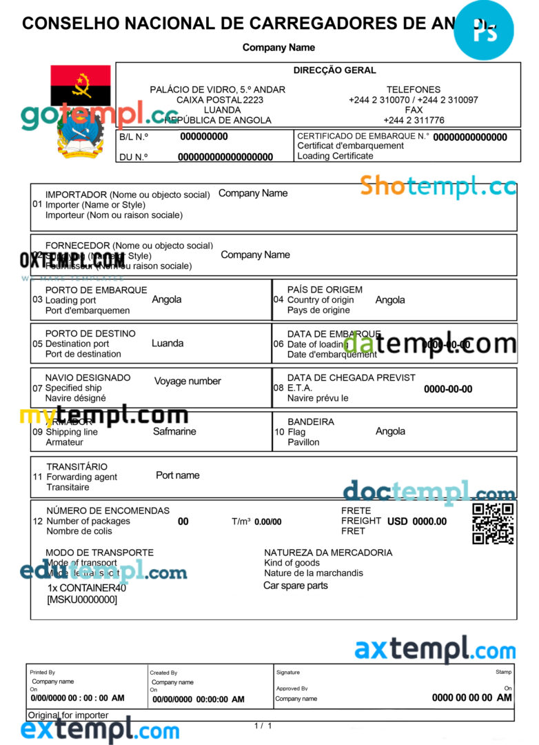 Angola company registration certificate PSD template