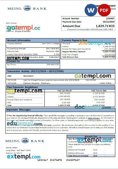 Antigua & Barbuda Meinl Bank mortgage statement, editable template in PDF and Word