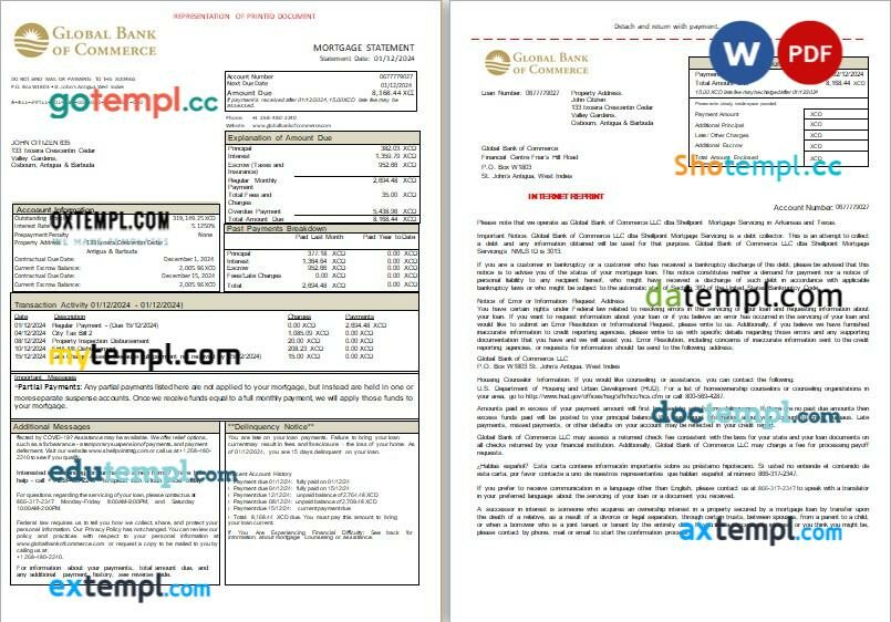 Antigua and Barbuda Global Bank of Commerce bank mortgage statement, 3 pages editable template in PDF and Word