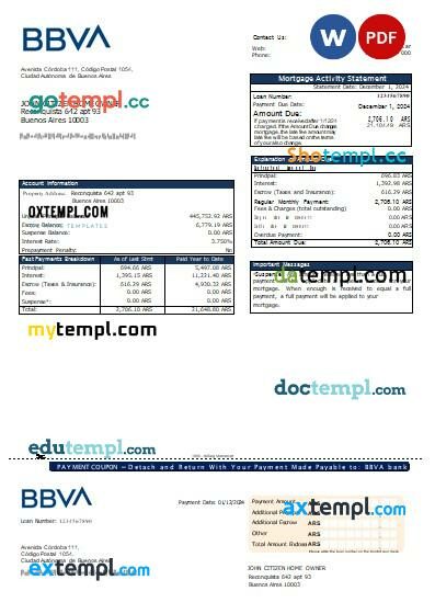 Argentina BBVA bank mortgage statement, editable template in PDF and Word