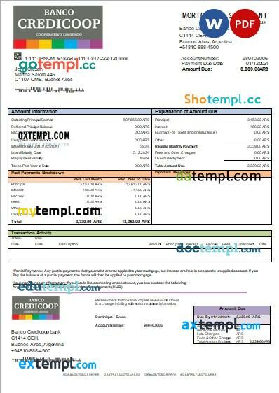 Argentina Banco Credicoop bank mortgage statement, editable template in PDF and Word