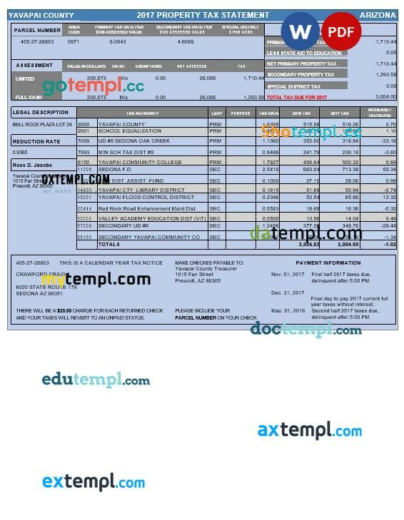 Arizona Yavapai county tax statement editable template in Word and PDF formats