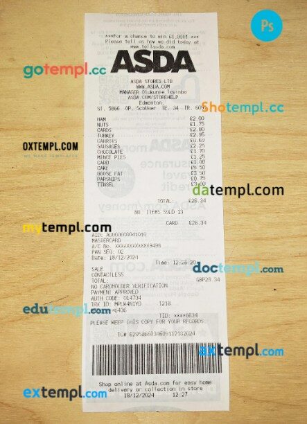 Asda store payment receipt PSD template