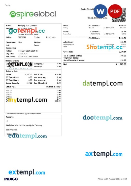 Aspire Global International payslip template in Word and PDF formats