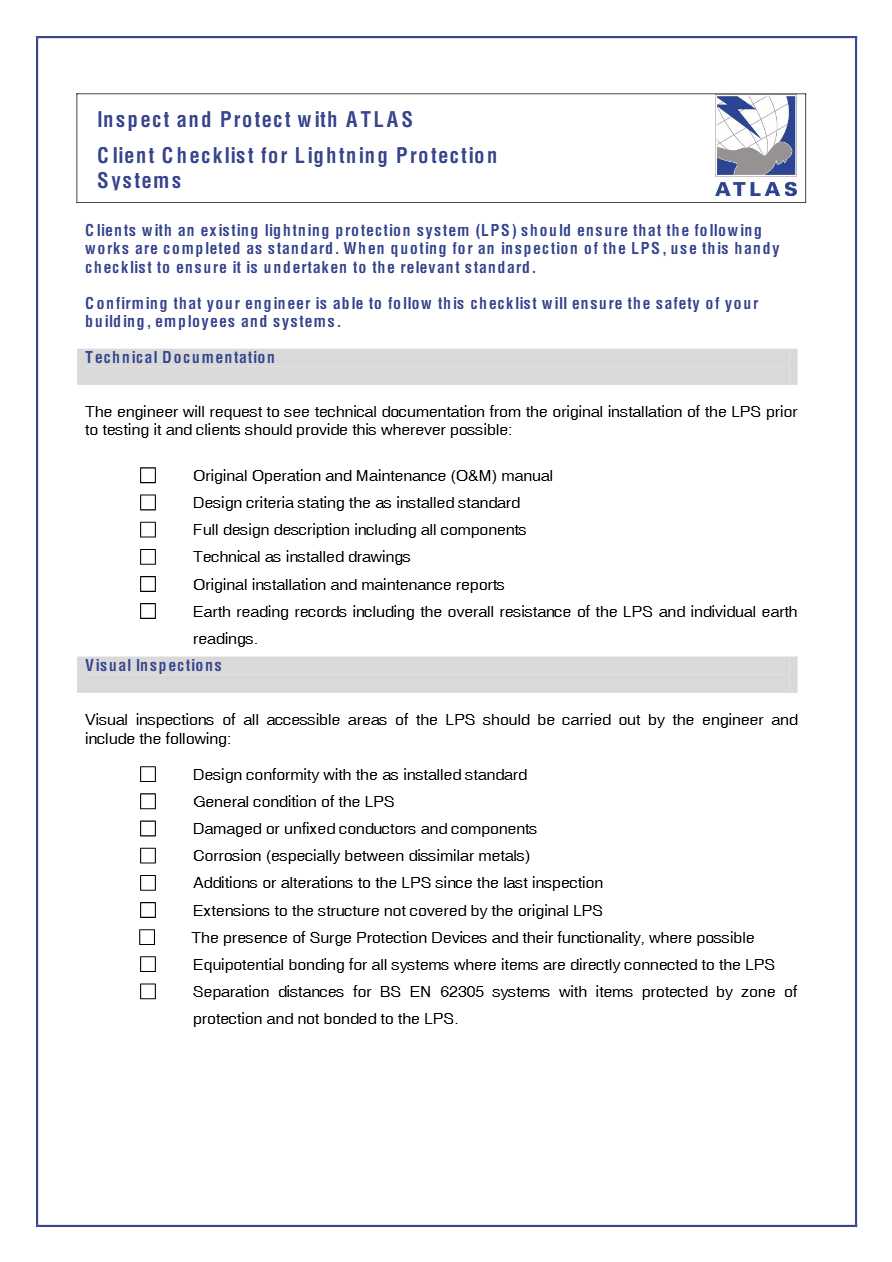 Atlas Client Lightning Protection checklist template in Word and PDF formats, 2 pages