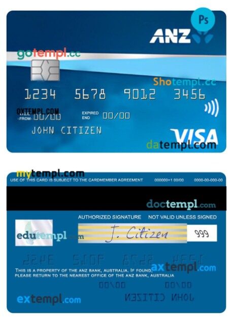 Australia ANZ Bank First credit visa card template in PSD format