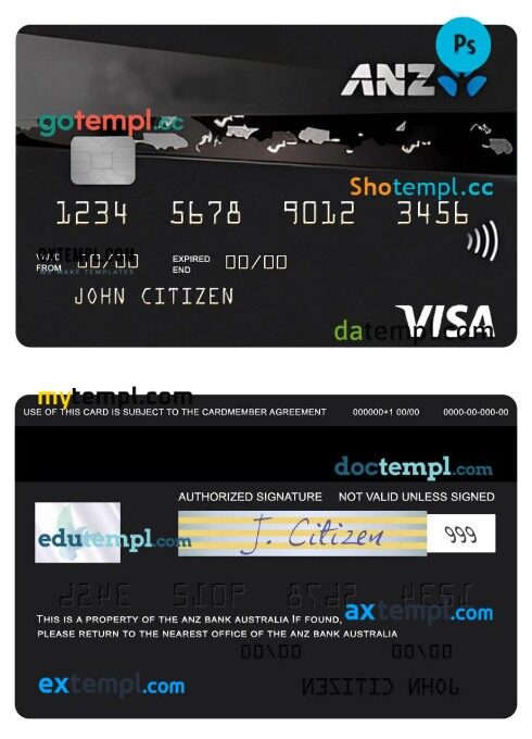 Australia ANZ Rewards Black credit visa card template in PSD format