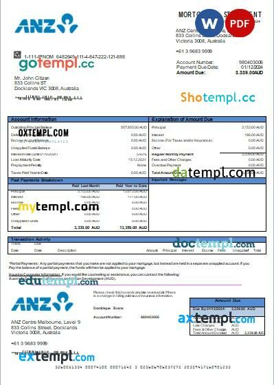 Australia ANZ bank mortgage statement, editable template in PDF and Word