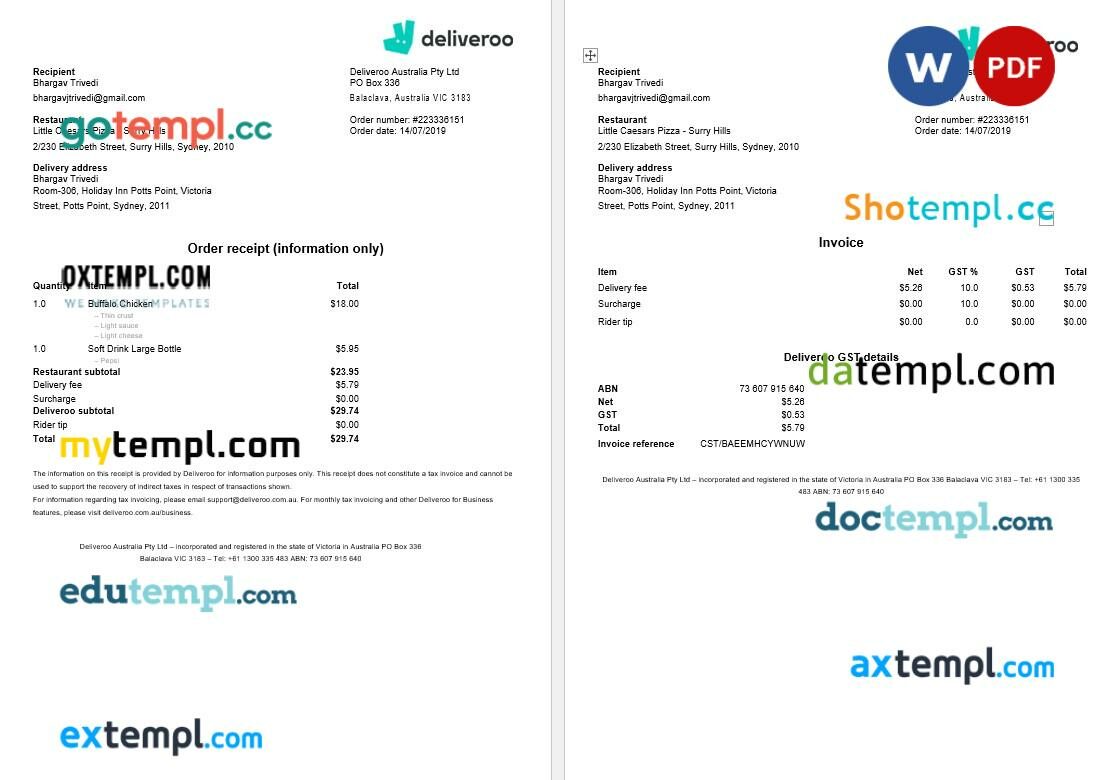 Australia Balaclava Deliveroo tax bill editable template in Word and PDF formats