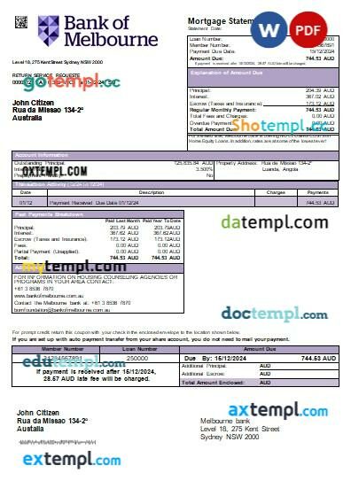 Australia Bank of Melbourne bank mortgage statement, editable template in PDF and Word