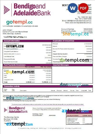 Australia Bendigo and Adelaide Bank bank mortgage statement, editable template in PDF and Word