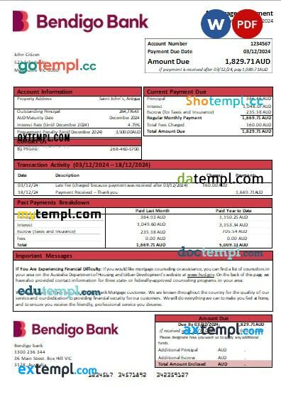 Australia Bendigo bank mortgage statement, editable template in PDF and Word