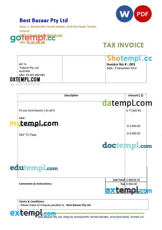 Australia Best Bazaar tax bill editable template in Word and PDF formats