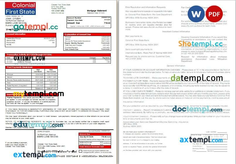 Australia Colonial First State Bank mortgage statement, 2 pages, editable template in PDF and Word