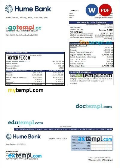 Australia Humebank bank mortgage statement, editable template in PDF and Word