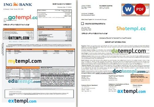 Australia ING Direct bank mortgage statement, 3 pages, editable template in PDF and Word