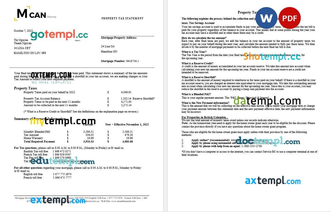 Australia MCAN Home property tax statement editable template in Word and PDF formats