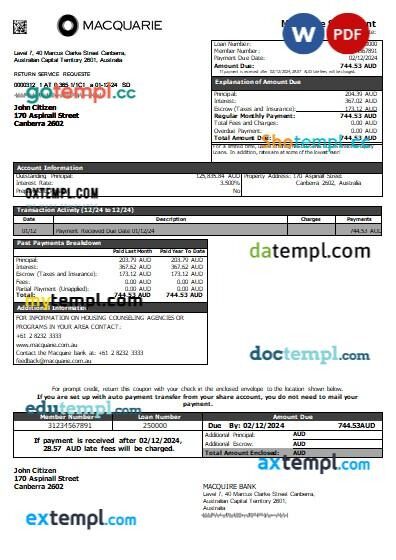 Australia Macquire Bank mortgage statement, editable template in PDF and Word