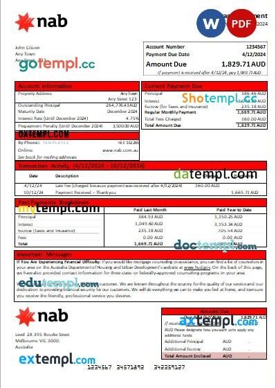 Australia NAB bank mortgage statement, editable template in PDF and Word