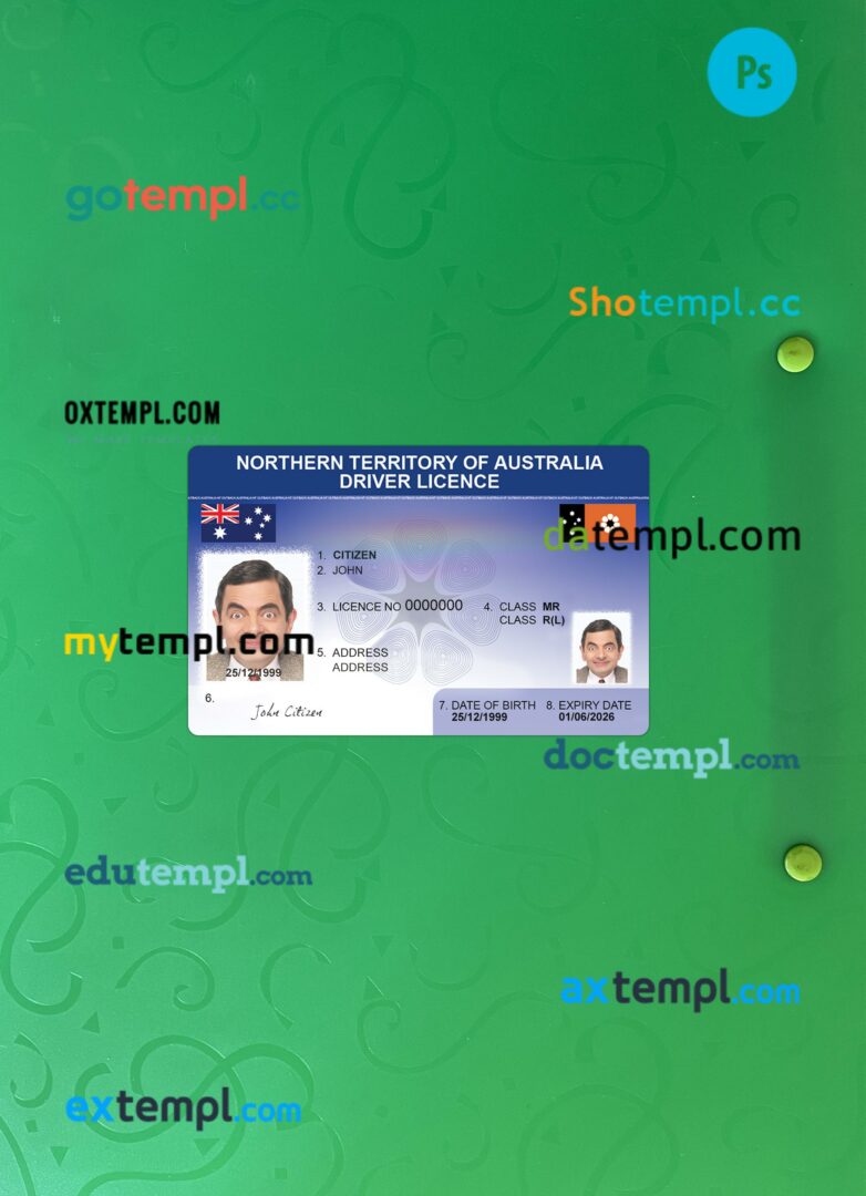 Australia Northern Territory driving license PSD files, scan look and photographed image, 2 in 1