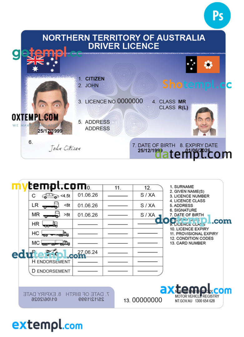 Australia Northern Territory driving license download template in PSD format