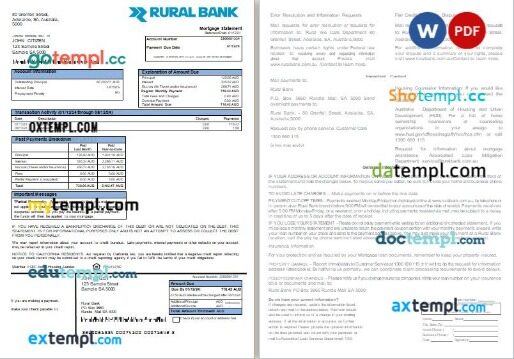 Australia Rural bank mortgage statement, 2 pages, editable template in PDF and Word