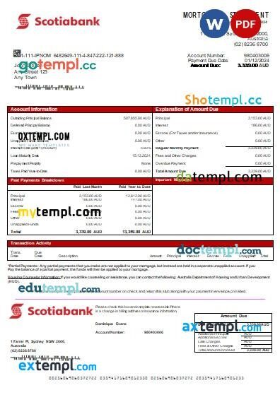 Australia Scotiabank bank mortgage statement, editable template in PDF and Word