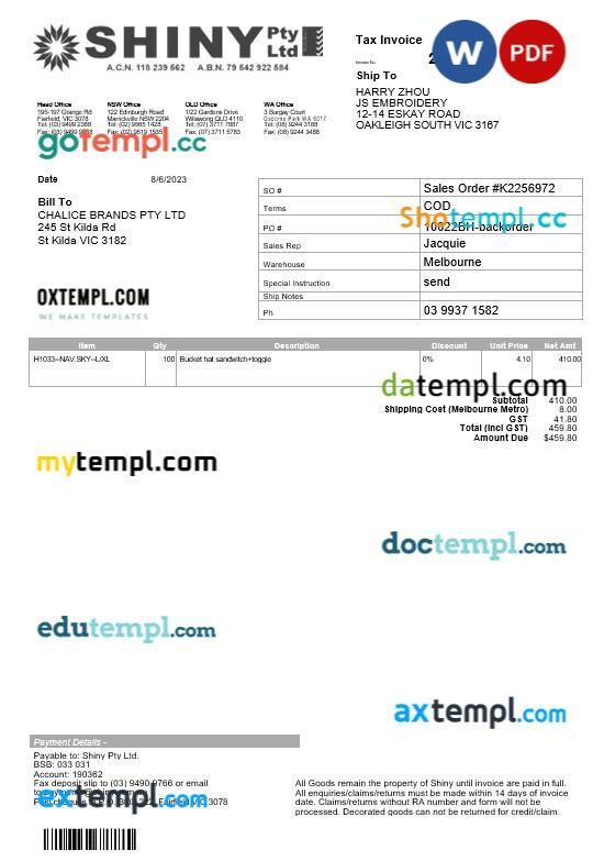 Australia Shiny tax invoice editable template in Word and PDF formats