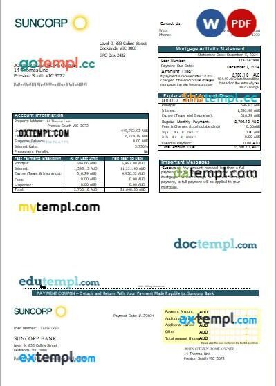 Australia Suncorp bank mortgage statement, editable template in PDF and Word