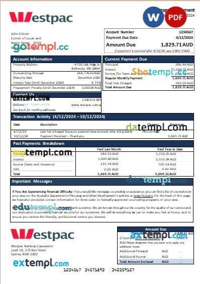 Australia Westpac bank mortgage statement, editable template in PDF and Word