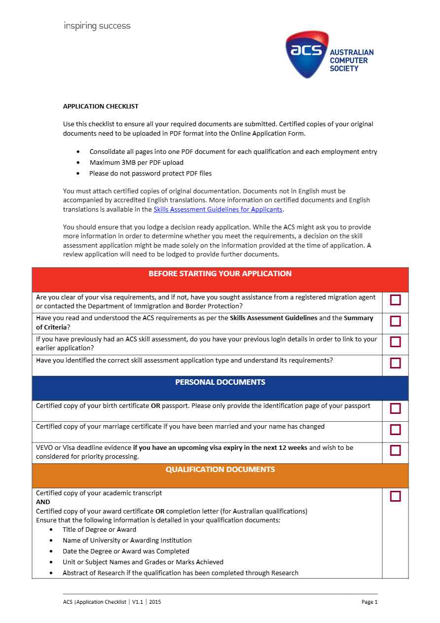 Australian Computer Society Application checklist template in Word and PDF formats, 2 pages