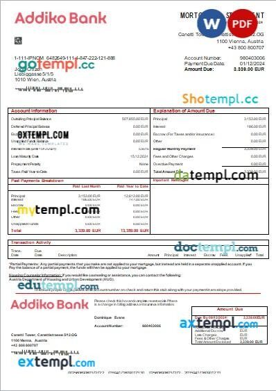 Austria Addiko bank mortgage statement, editable template in PDF and Word