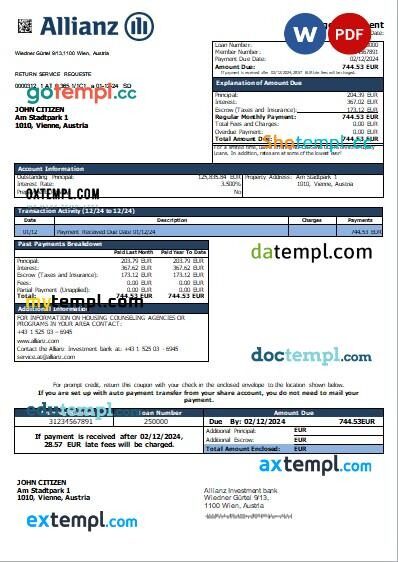 Austria Allianz Investment bank mortgage statement, editable template in PDF and Word