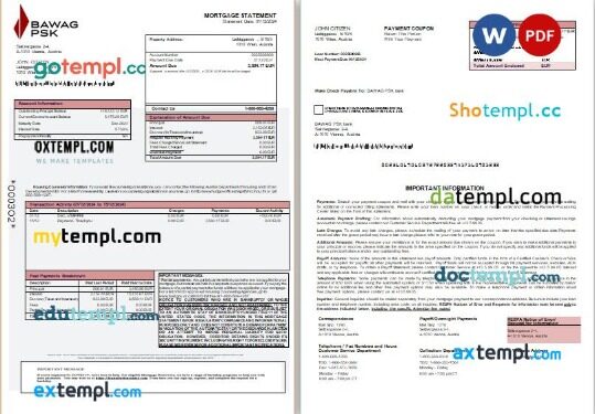 Austria BAWAG PSK bank mortgage statement, editable template in PDF and Word