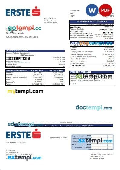 Austria Erste Group bank mortgage statement, editable template in PDF and Word