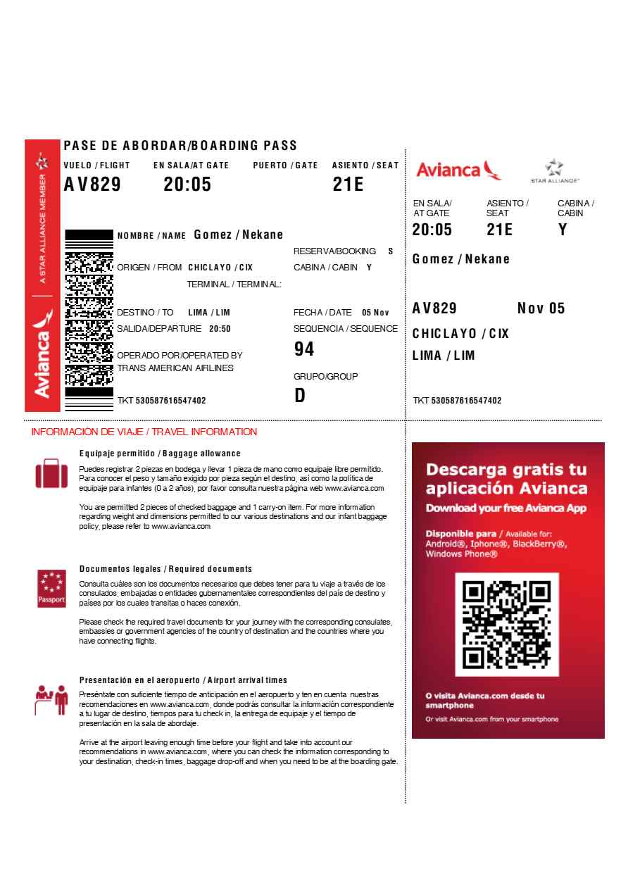 Avianca boarding pass in Word and PDF formats, version 1