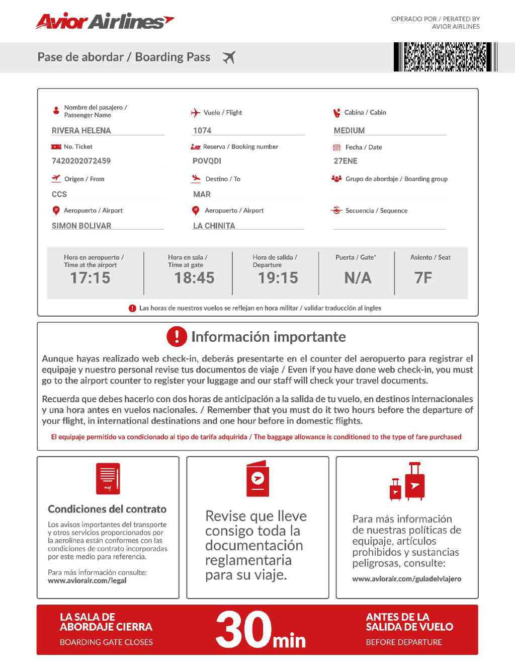 Avior Airlines boarding pass in Word and PDF formats