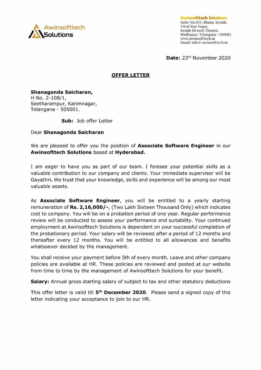 Awinsofttech Solutions Associate Software Engineer offer letter in Word and Pdf formats