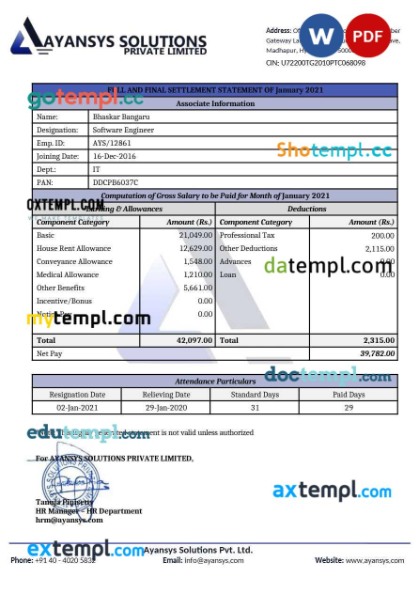 Ayansys Solutions software company payslip template in Word and PDF formats