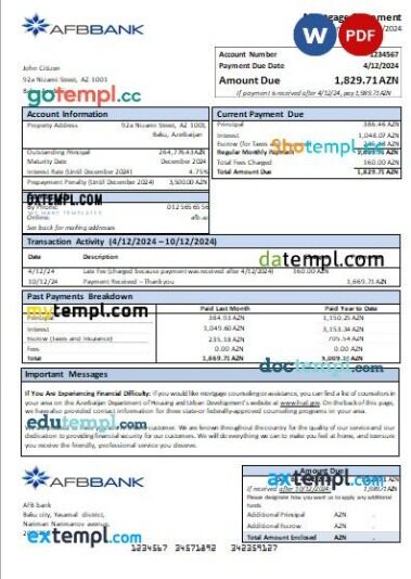 Azerbaijan AFB bank mortgage statement, editable template in PDF and Word